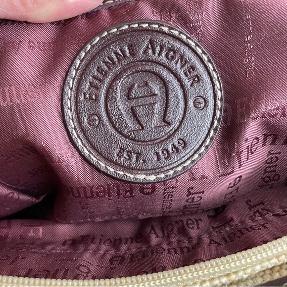 Etienne Aigner woven tan jute handbag with burgundy trim - Picture 6 of 16